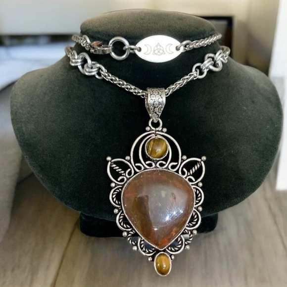 925 sterling silver overlay charm red jasper & golden brown tiger eye necklace - Picture 6 of 16